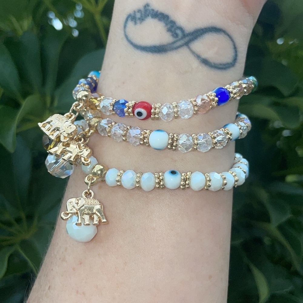 3 pc set  Beaded Elephant Charm Bracelets